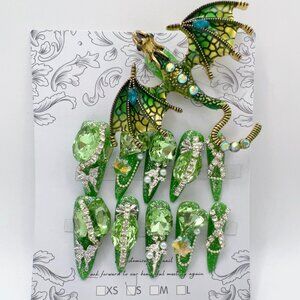 Green Luxury Dragon Charm Press-On Nails | Glitter Rhinestone | Long Stiletto